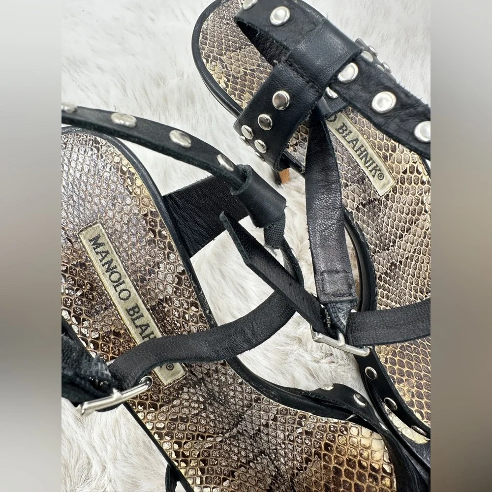 Manolo Blahnik Black Leather Studded strappy heels‎ 40 size 10  snakeskin